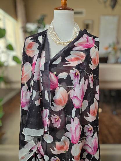 Platinum Printed Pure Chiffon Saree with Mukaish