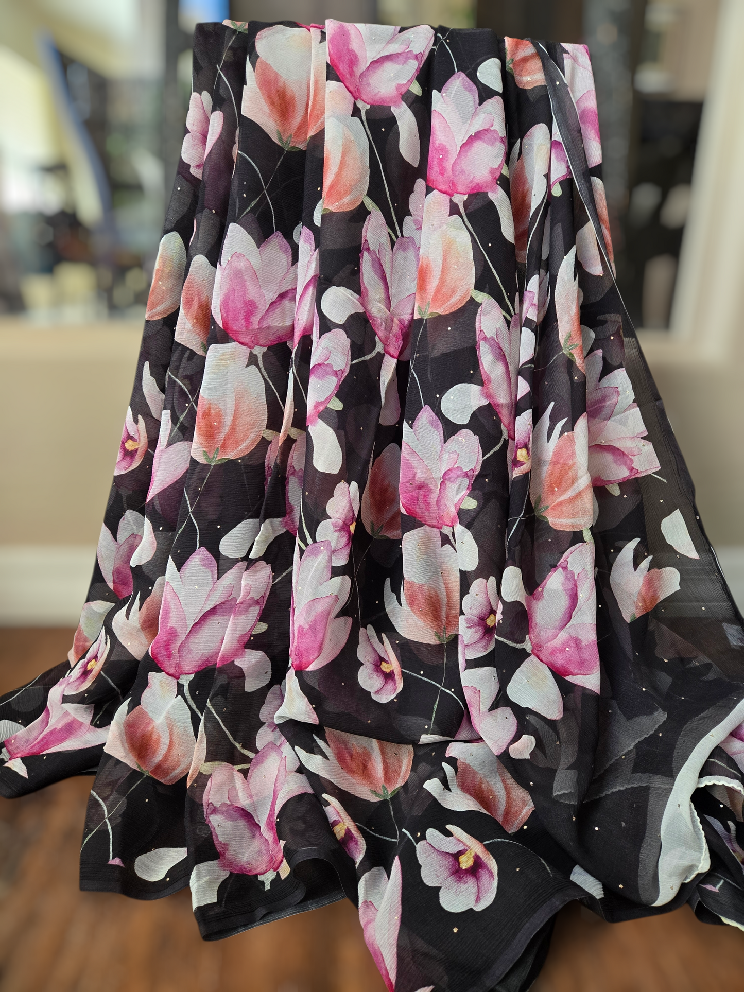 Platinum Printed Pure Chiffon Saree with Mukaish