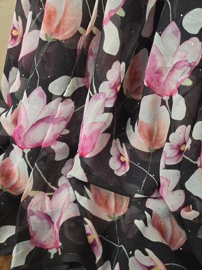 Platinum Printed Pure Chiffon Saree with Mukaish