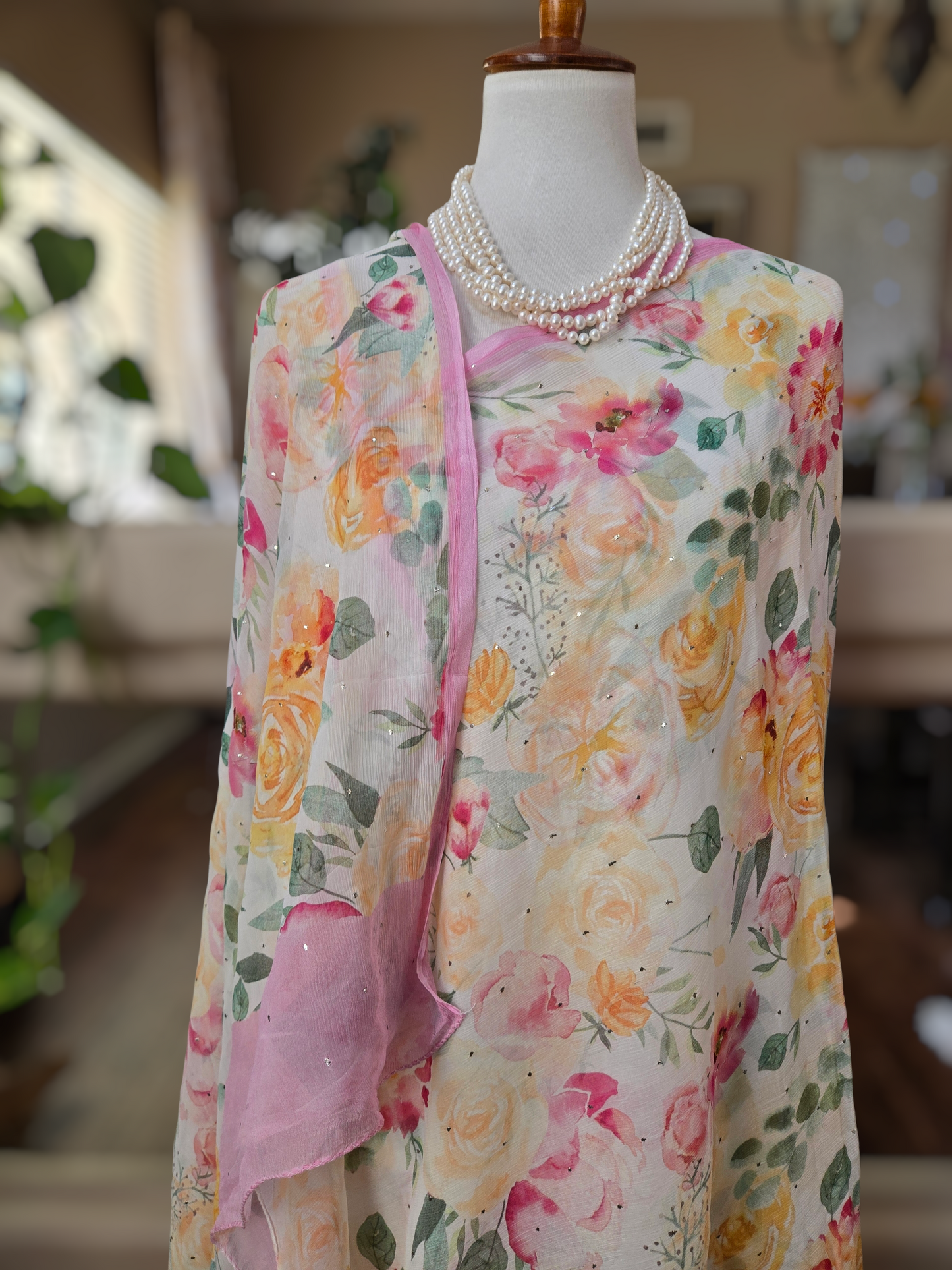 Platinum Printed Pure Chiffon Saree with Mukaish