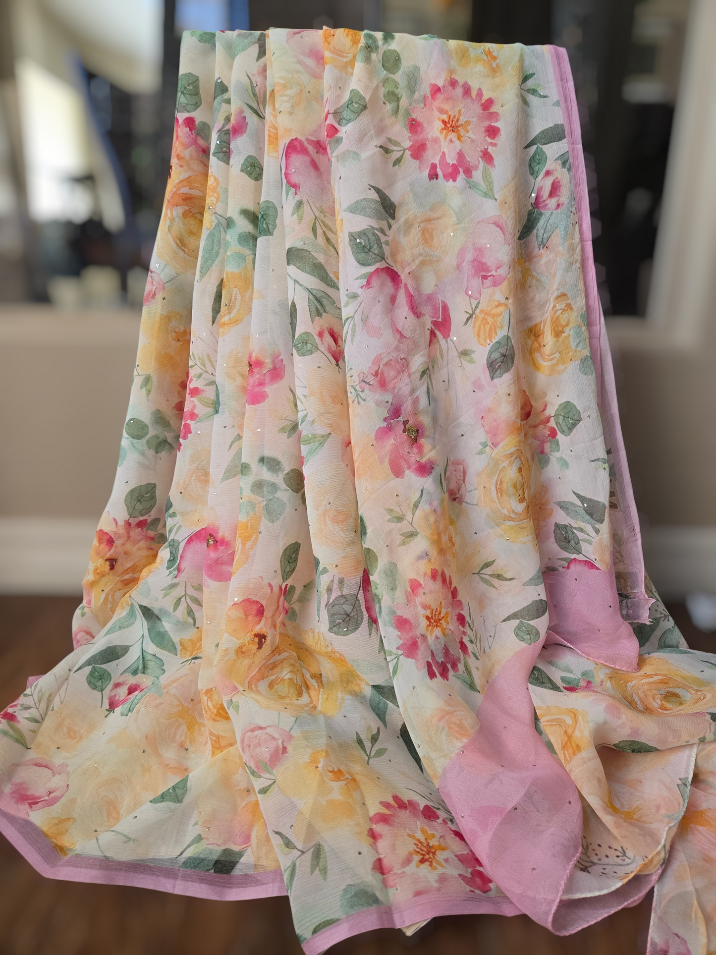 Platinum Printed Pure Chiffon Saree with Mukaish