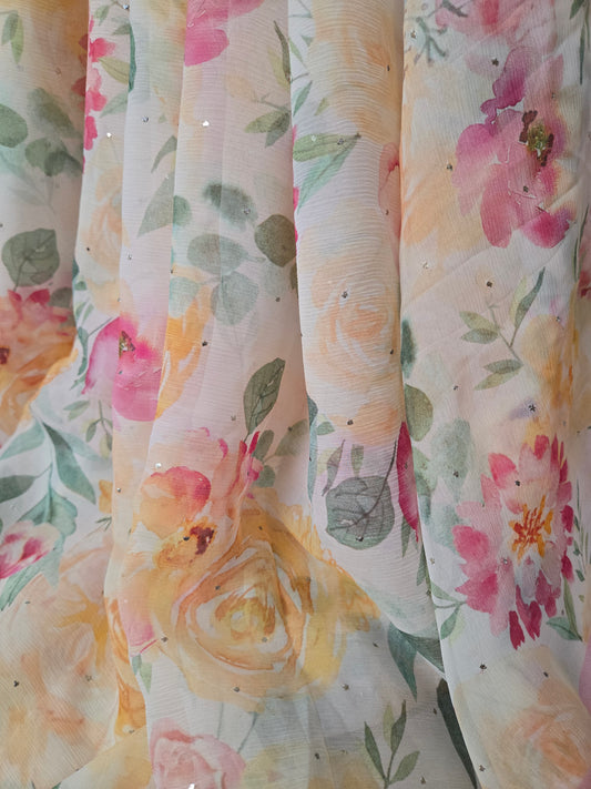 Platinum Printed Pure Chiffon Saree with Mukaish