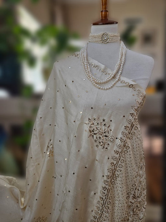 Ivory Tussar Kamdani Saree