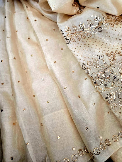 Ivory Tussar Kamdani Saree