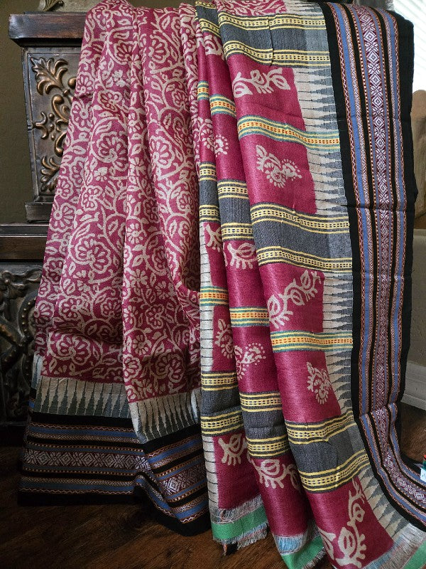 Vidharba Tussar with Block Print