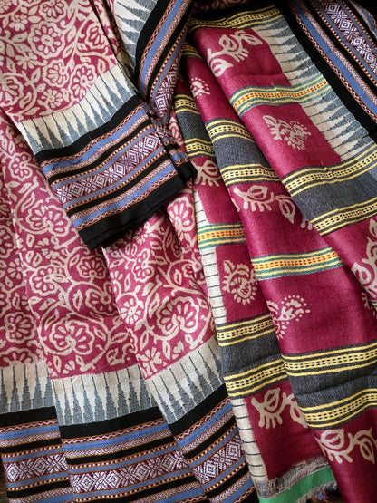 Vidharba Tussar with Block Print