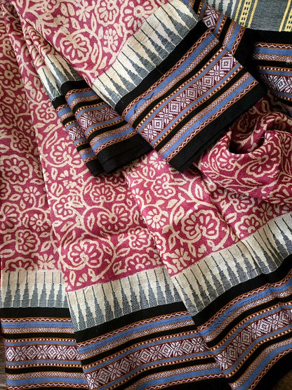 Vidharba Tussar with Block Print