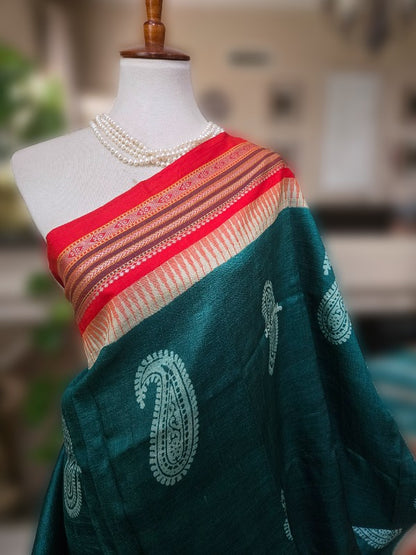 Vidharba Tussar with Block Print