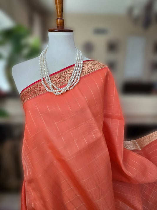 Peachy Kora Organza Banarsi Saree