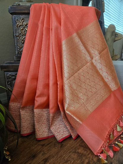 Peachy Kora Organza Banarsi Saree
