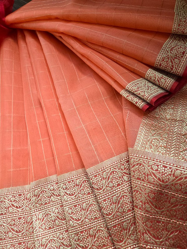 Peachy Kora Organza Banarsi Saree