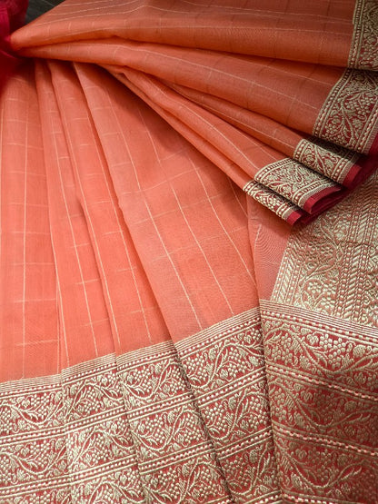 Peachy Kora Organza Banarsi Saree