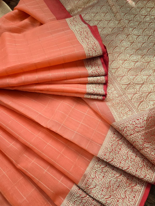 Peachy Kora Organza Banarsi Saree