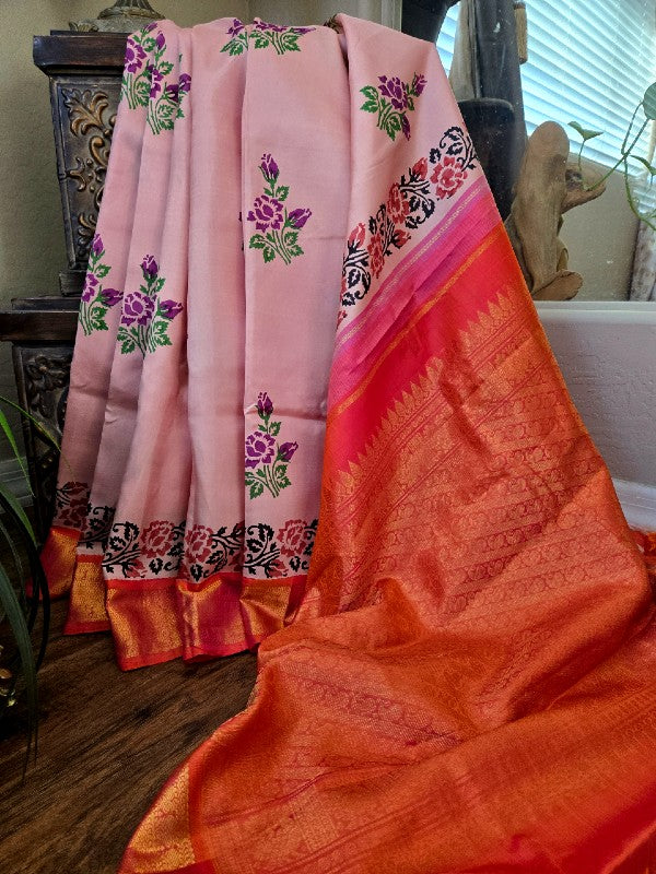 Block Printed Zari Kanjivaram Saree
