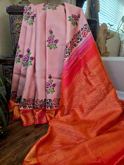 Block Printed Zari Kanjivaram Saree