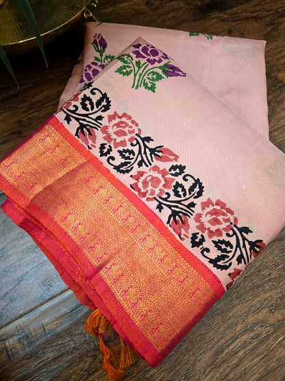 Block Printed Zari Kanjivaram Saree