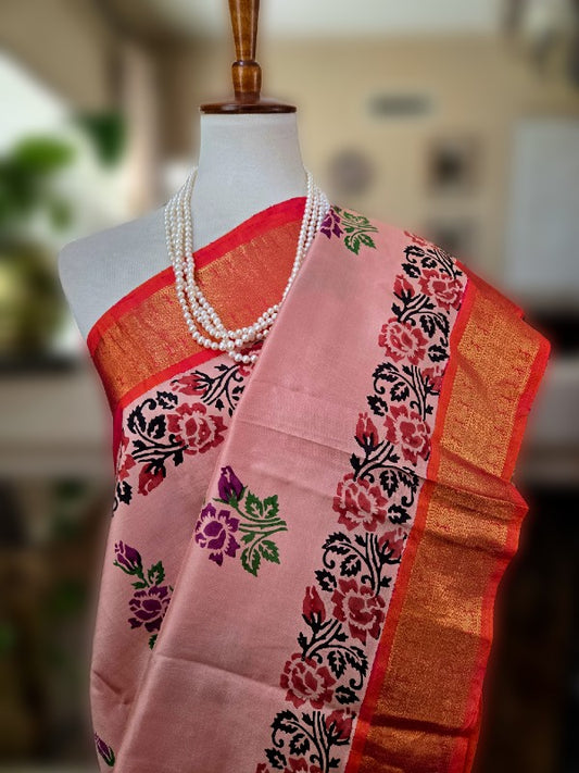 Block Printed Zari Kanjivaram Saree