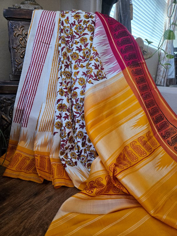Block print Kanjivaram Saree