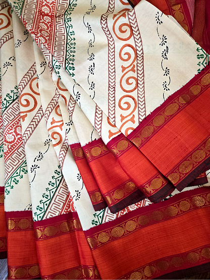 Block print Zari Kanjivaram Saree