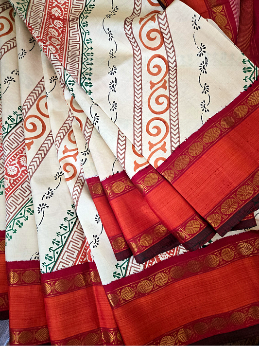Block print Zari Kanjivaram Saree
