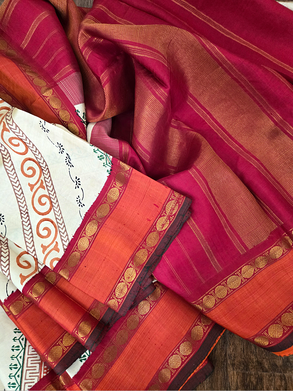 Block print Zari Kanjivaram Saree