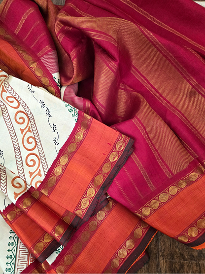 Block print Zari Kanjivaram Saree