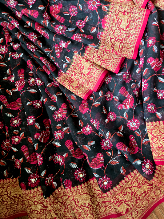 Block Print Khaddi Georgette Banarsi