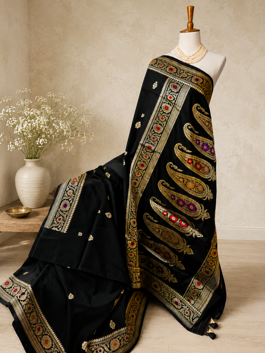 Black Meena Katan Silk Banarsi Saree
