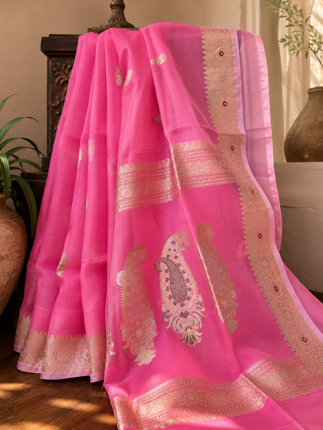 Hot Pink Banarsi Organza Saree