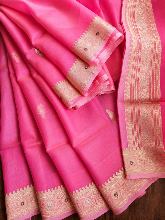 Hot Pink Banarsi Organza Saree
