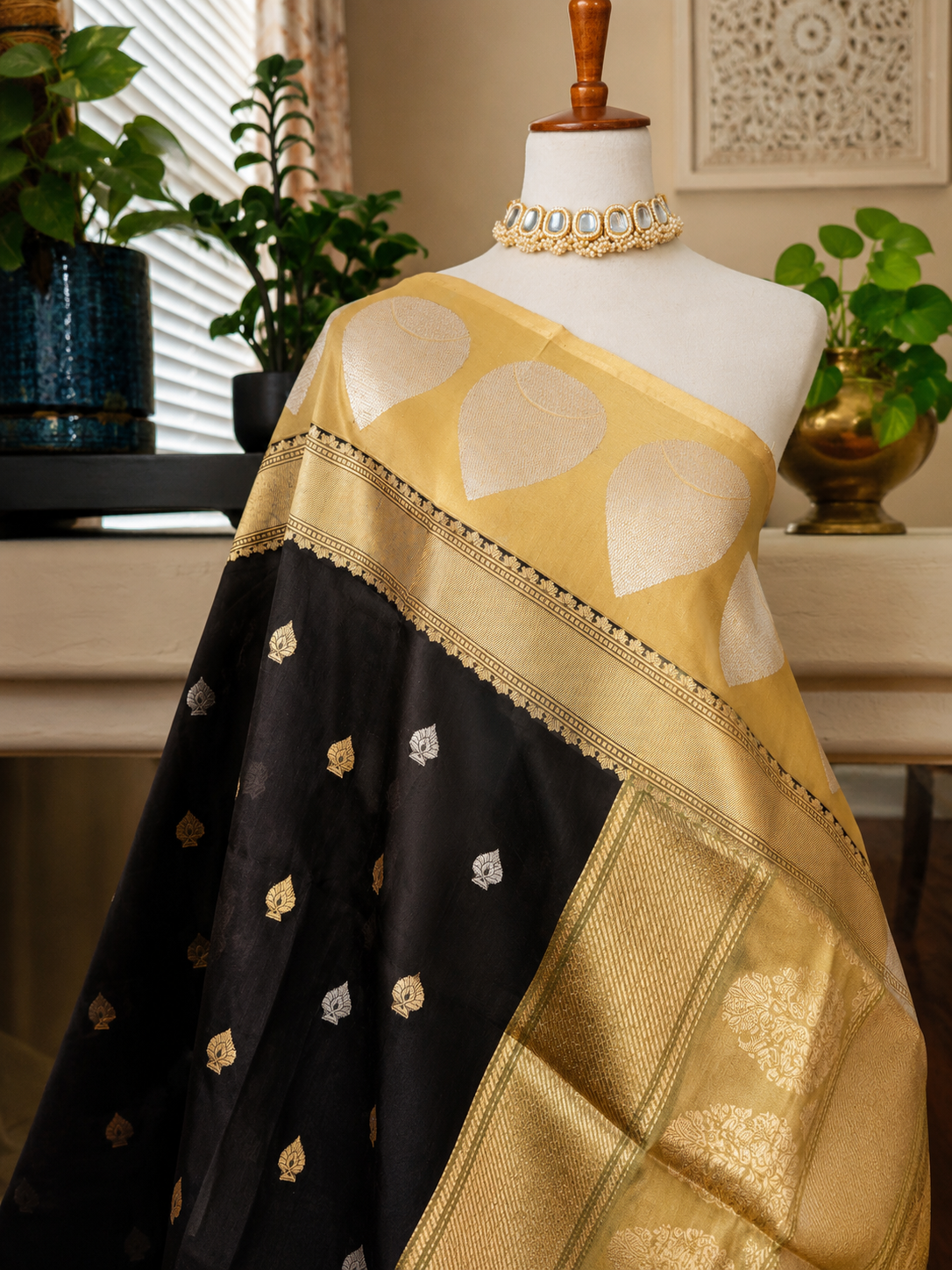 Black Gold Khadiyal Organza Banarsi Saree