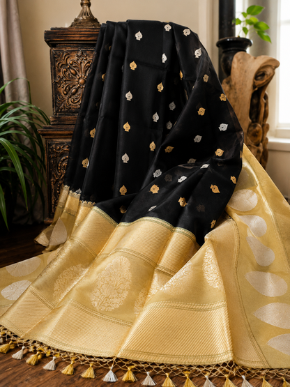Black Gold Khadiyal Organza Banarsi Saree