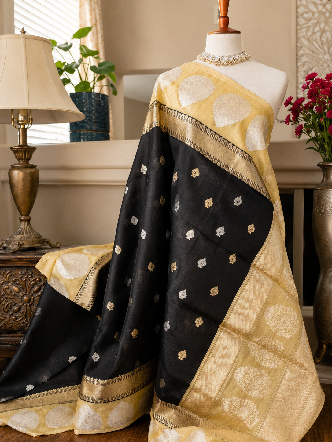 Black Gold Khadiyal Organza Banarsi Saree