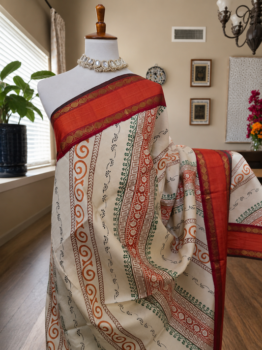 Block print Zari Kanjivaram Saree