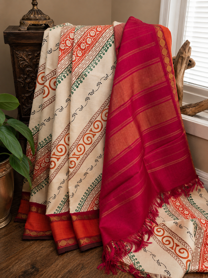 Block print Zari Kanjivaram Saree