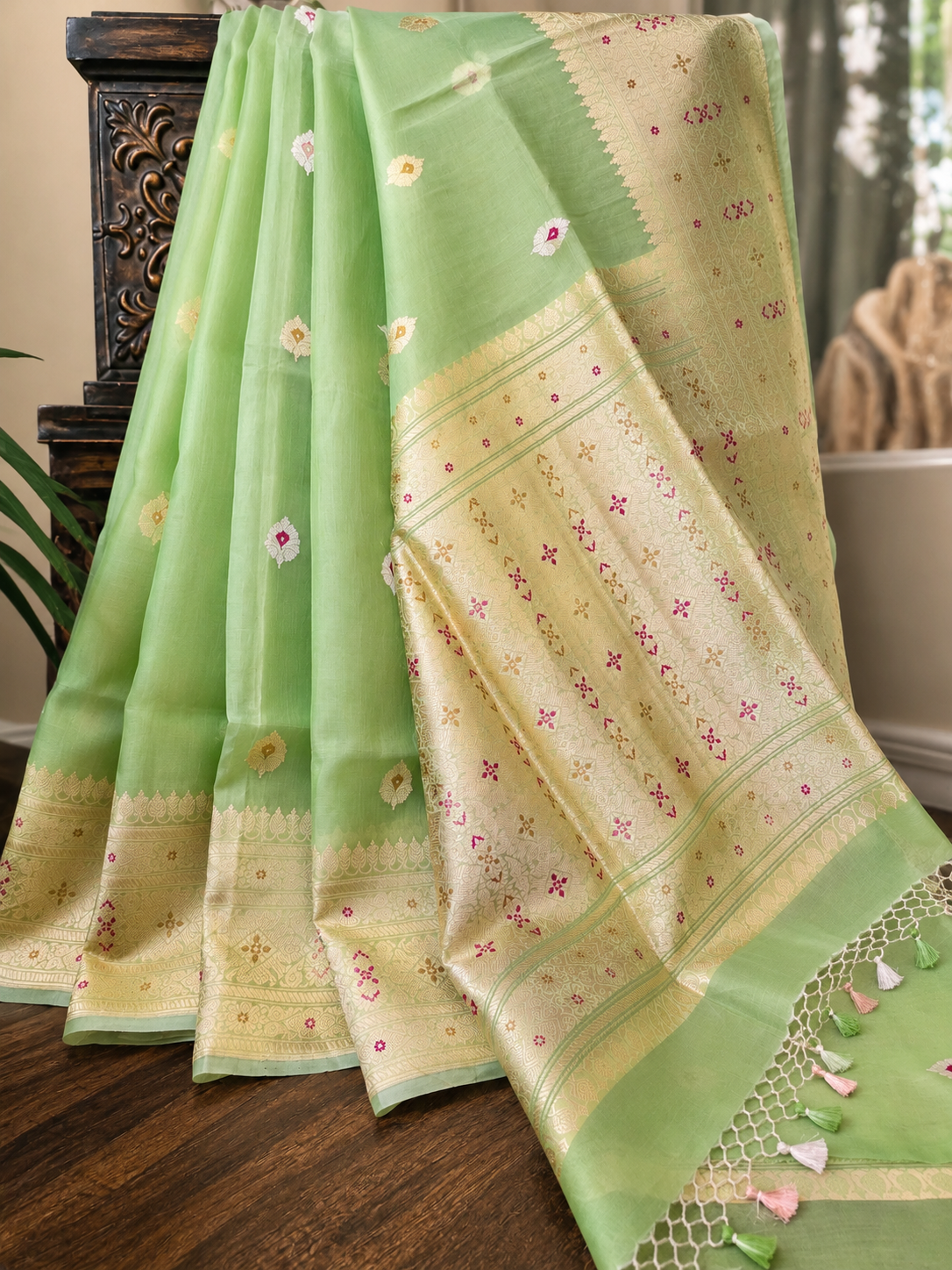 Mint Green Banarsi Organza Saree