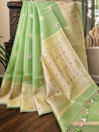 Mint Green Banarsi Organza Saree