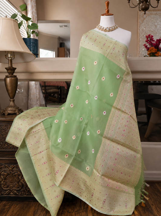 Mint Green Banarsi Organza Saree