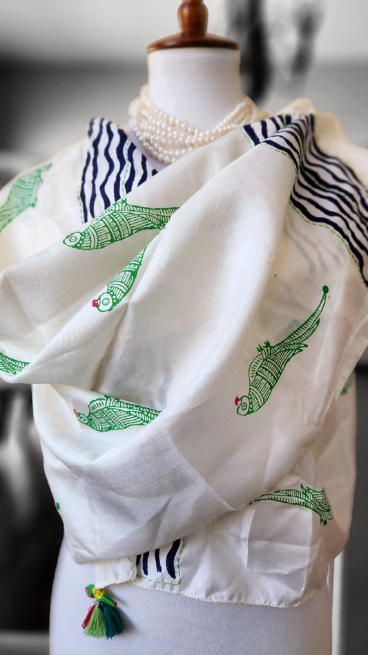 Pure Silk Block Printed Scarf - Parrots Tale