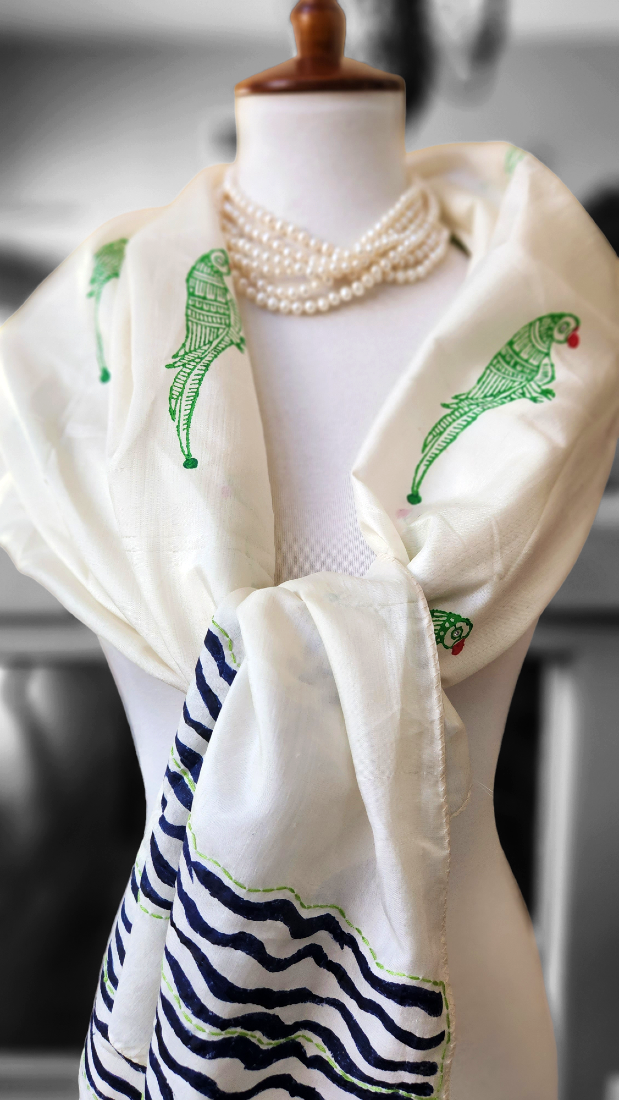Pure Silk Block Printed Scarf - Parrots Tale