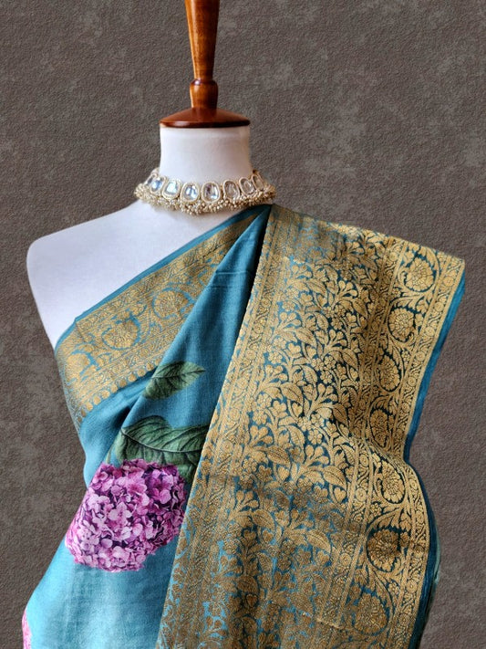 Teal Chiniya Silk saree
