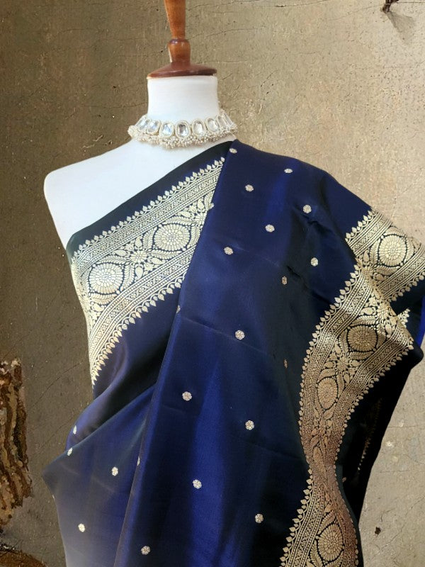 Midnight Blue Double Katan Banarsi Silk Saree