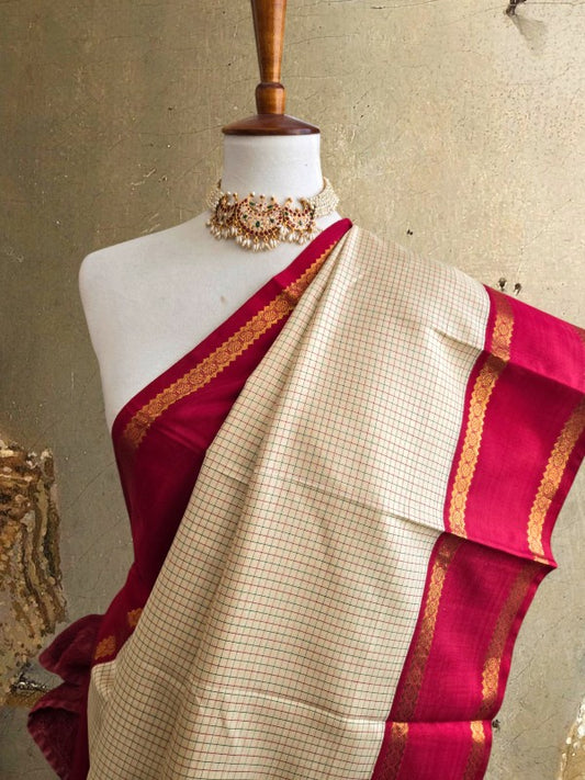 Ivory Red Silk Kanjivaram Saree