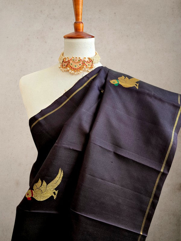 Black Borderless Silk Kanjivaram Saree