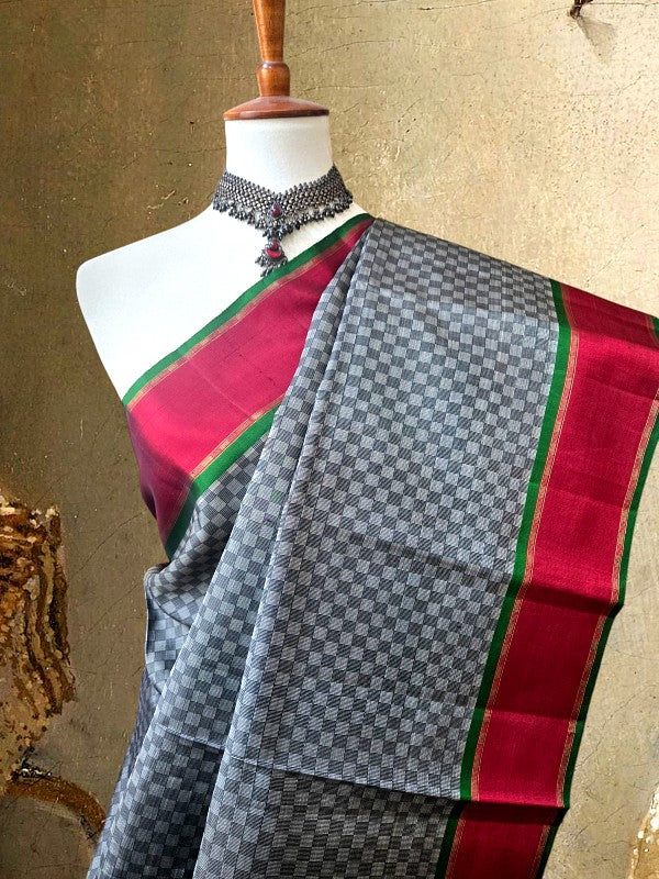 Grey Black Check Kanjivaran Silk Saree