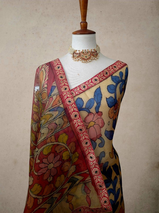 Pen Kalamkari Saree on Pure Organza