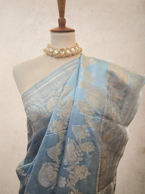 Powder Blue Mashroo Silk Banarsi Saree