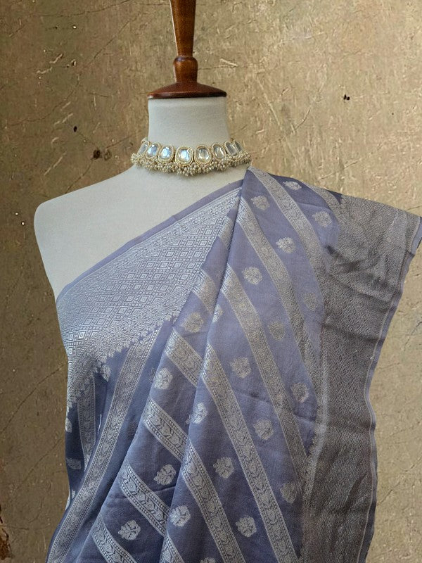 Dove Grey Mashroo Silk Banarsi Saree