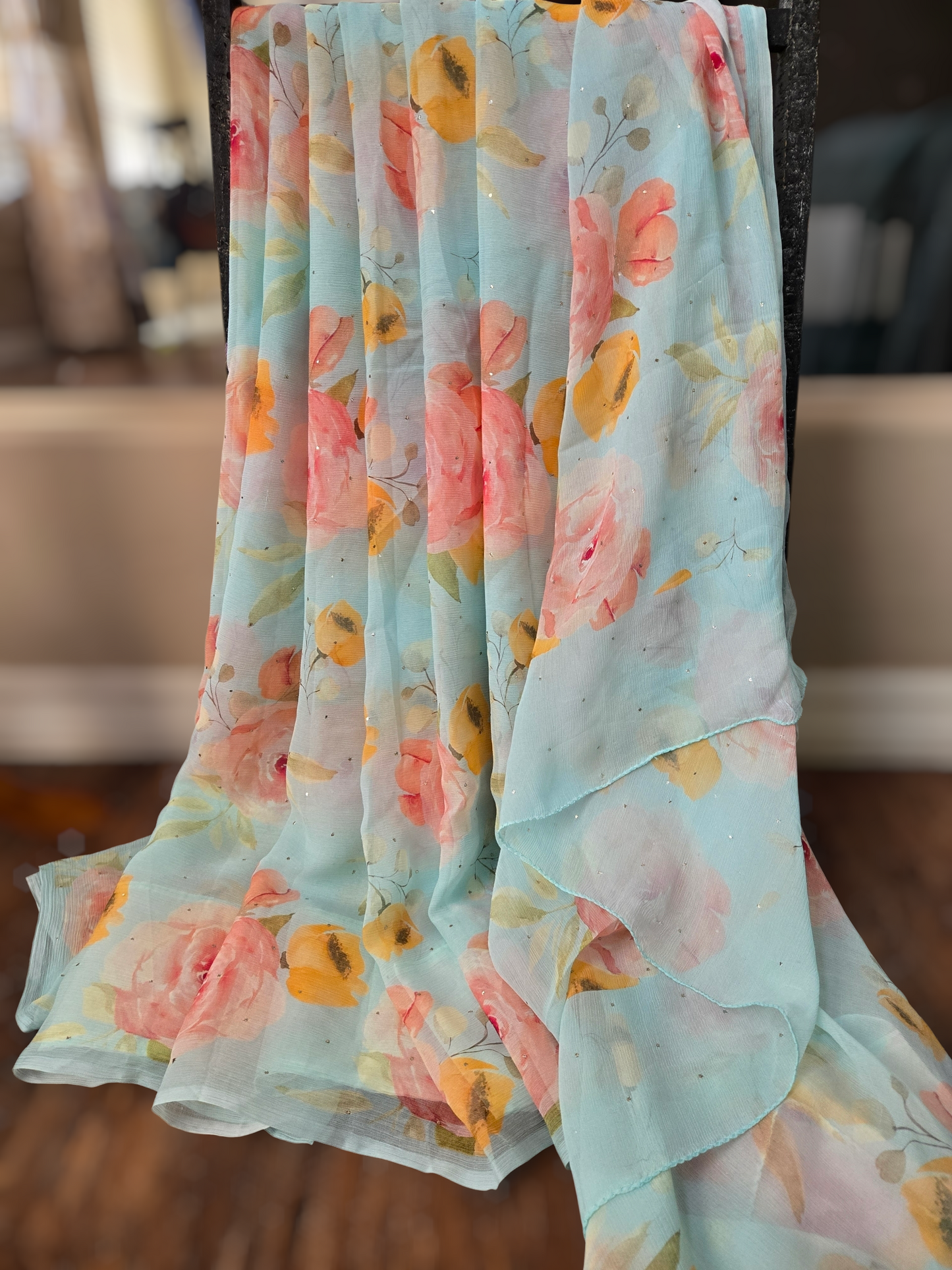 Platinum Printed Pure Chiffon Saree with Mukaish