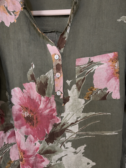 Smoke Floral Pure Linen Shirt